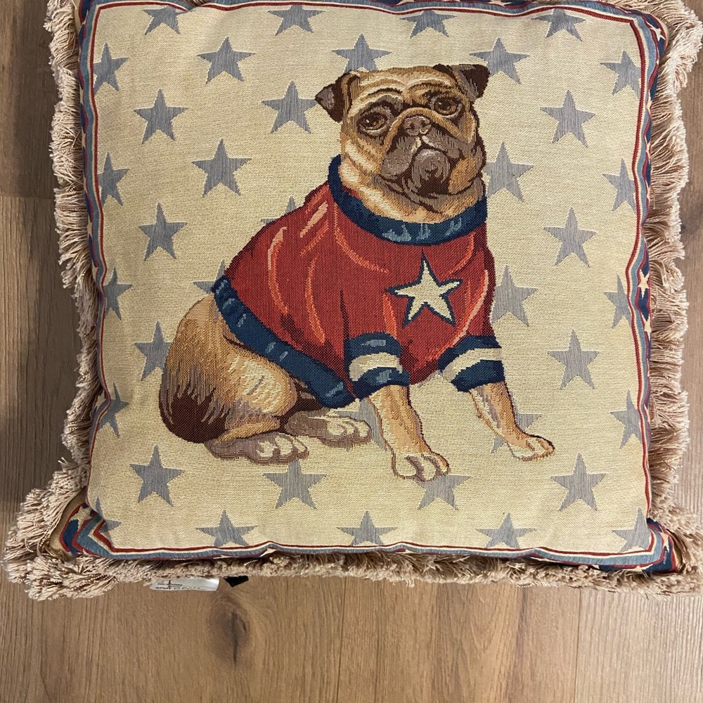 Decorative Pug Pillow with Red and Blue Accents